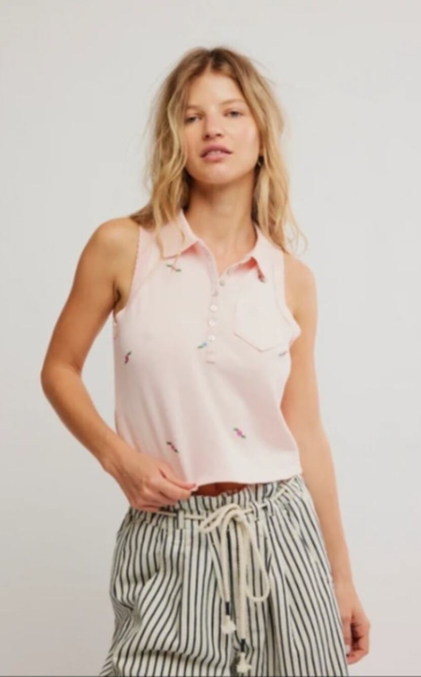 NEW! Free People 'Pepper' Embroidered Crop Sleeveless Polo in PINK (S)